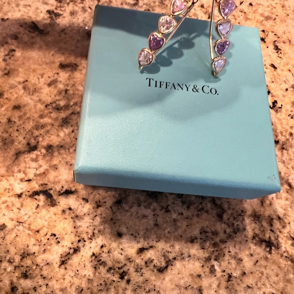 Tiffany & Co. Gold Heart Drop Earrings with Pink and Purple Stones - Picture 2 of 4